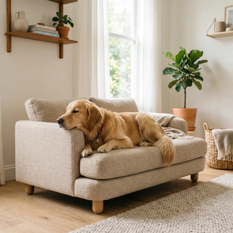 Golden retriever allongé paisiblement sur un canapé pour chien beige design dans un salon moderne lumineux